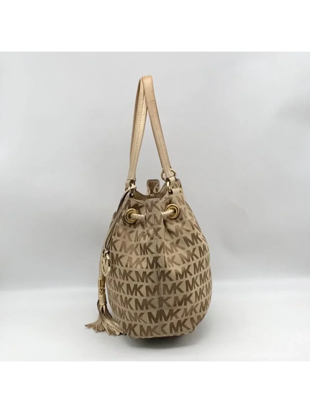 Michael Kors Brown & Gold Monogram Canvas Gathered Jet Set Tote Bag